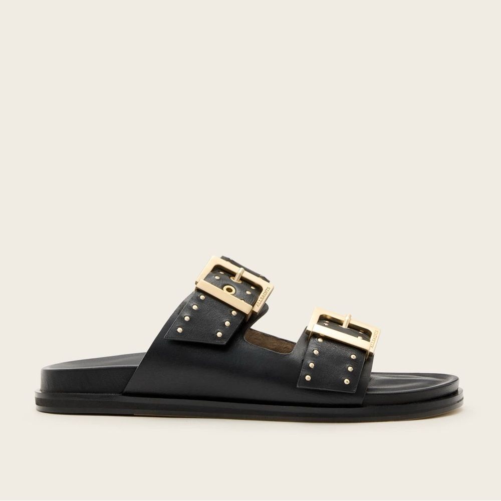 All Saints Black Leather Sandals with Gold Details - Picture 5 of 16
